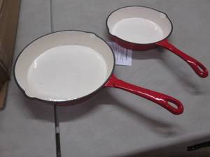 lot 129 image: 2 Enameled Red Cast Iron Skillets...