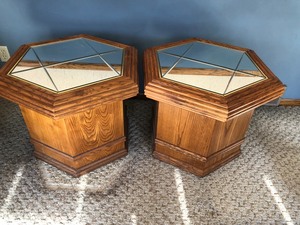 lot 144 image: Pair of Oak Hexagon End Tables with Mirrored Tops