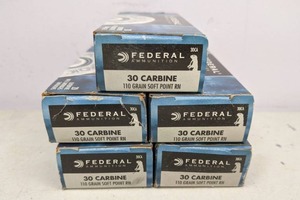 lot 218 image: Five Boxes of 30 Carbine 110 Grain Soft Point RN Rifle Cartridges
