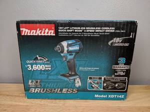 lot 11 image: Brand New 18 Volt Makita LXT Lithium-Ion Brushless 14 Cordless Quick Shift Mode 3 Speed Impact Driver