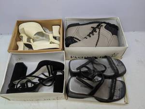 lot 182 image: Four Pairs of Size 8 Womens Shoes Chunky Heels, Sandals and Boots