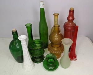 lot 115 image: Lot of Colorful Glass Bottles & Vases