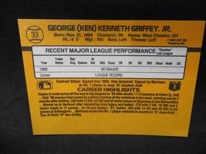 lot 98 image: 1989 Donruss Ken Griffey Jr. Rookie Card #33 LK