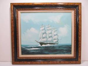 lot 97 image: Framed Signed Oil on Board Nautical Ship Painting