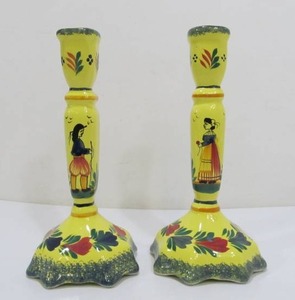 lot 114 image: Pair of Vintage QUIMPER Henriot Yellow Candlesticks