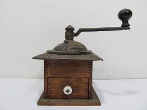 lot 159 image: Antique Dovetailed Wood & Cast Iron Coffee Grinder