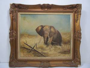 lot 169 image: Framed Vintage Oil on Canvas Elephant Painting