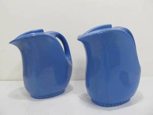 lot 266 image: Matching Pair of Vintage Deco Signed HALL Blue Ceramic Pitchers