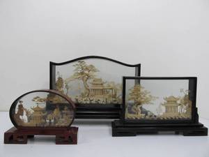 lot 268 image: 3 Vintage Ornately Hand Carved Chinese Cork Artworks