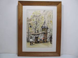 lot 287 image: Original Watercolor and Ink Paris Newspaper Stand Street Scene Signed B. Chisholm