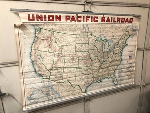 lot 304 image: Large Vintage UNION PACIFIC Railroad Depot Train Route Pull-Down Map