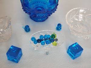 lot 103 image: (8) pc Blue and Clear Glassware Home Decor Lot