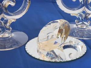 lot 111 image: (2) Elegant Glass Candle Holders with  Crystal Diamond Center Pc