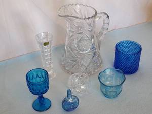 lot 132 image: (7) pc Blue and Clear Glassware Home Decor Lot