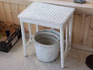 lot 150 image: (3) pc Table & 2 ea Trash Can Wicker Lot