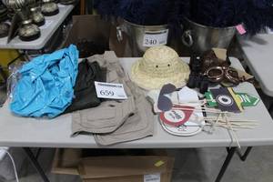 Lot of Adventure Gear - Rain Coat, Sport Vests, Aviator Goggles, Straw Hat, Binoculars, Adventure Signs, and more