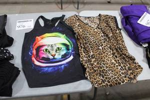 Lot of (2) Womens Tops - Dear Dance Space Cat, Express Leopard Print