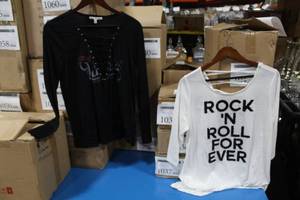Lot of (2) Womens Rock Concert Shirts - Express One Eleven Black, Torrid Rock And Roll For Ever White