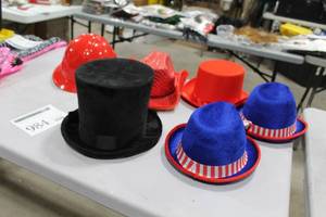 Lot of (6) Novelty Hats - Mad Hatter, Cowboy, Hard Hat, RedWhiteBlue Hats