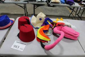 Lot of (6) Novelty Hats - Flamingo, Rooster, Star Floppy Hat, Jester, Russian