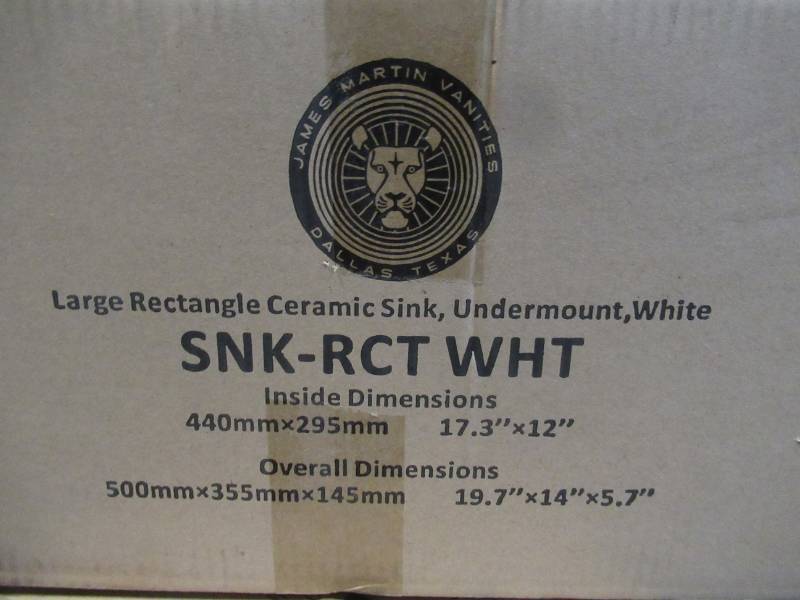 lot 212 image: James Martin Large Rectangle Undermount Ceramic Sink White, SNK-RCT-WHT.