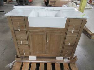 lot 201 image: Ari Kitchen And Bath Sally 42 in. Single Bath Vanity in Weathered Fir with Marble Vanity Top in Carrara White with Farmhouse Basin AKB-SALLY-42-WEATHFIR