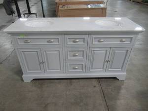 lot 229 image: Home Decorators Collection Home Decorators Collection Sadie 67 in. W x 21.5 in. D Vanity in Dove Grey with Marble Vanity Top in Natural White with White Basins MD-V1834