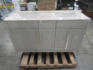 lot 230 image: Home Decorators Collection Brinkhill 61 in. W x 22 in. D Bathroom Vanity in Cream with Stone Effect Vanity Top in Winter Mist with White Sink BH60P2V17-CR
