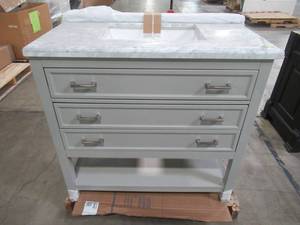lot 400 image: Everett 37 in. W x 22 in. D Vanity Cabinet in Grey with Carrara Marble Vanity Top in White with White Basin EEGVT3722D