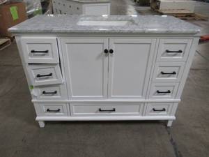 lot 403 image: Home Decorators Collection Merryfield 49 in. W x 22 in. D Bath Vanity in White with Marble Vanity Top in Carrara White with White Basin 19112-VS49-WT
