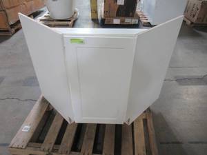 lot 317 image: Hampton Bay Cambridge Shaker Ready to Assemble 36x34.5x24.5 in. Corner Sink Base Cabinet w 1 Soft Close Door in White CM3635C-WH