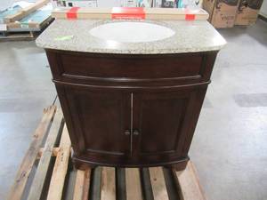 lot 321 image: Home Decorators Collection 31 in. W x 35 in. H x 20 in. D Vanity in Cherry with Marble Vanity Top in Beige with White Basin MD-V1218