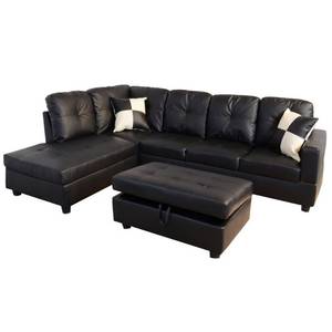 lot 510 image: Star Home Living Black Faux Leather 3-Seater Left-Facing Chaise Sectional Sofa with Storage Ottoman, SH091A - MISSING METAL SUPPORTS TO HOLD BACKREST.