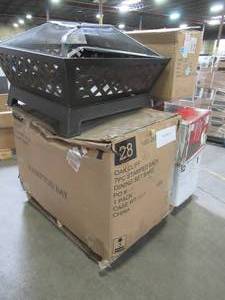 lot 107 image: WHOLESALE MIXED PALLET OF MISCELLANEOUS CHRISTMAS TREES, FIRE PIT AND OUTDOOR FURNITURE