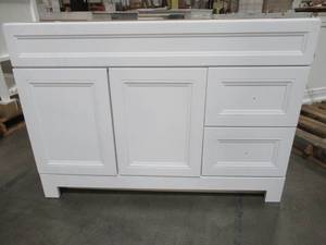 lot 113 image: Home Decorators Collection Sedgewood 48-12 in. W Bath Vanity Cabinet in White, PPLNKWHT48D. - Missing Top.