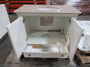 lot 114 image: Home Decorators Collection Newport 37 in. W x 21-12 in. D Bath Vanity in Ivory with Granite Vanity Top in Champagne 9085-VS37L-DW - Broken LH Door.