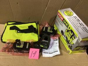 lot 14 image: RYOBI 18-Volt ONE LITHIUM HP 3.0 Ah Battery (2-Pack) Starter Kit with Charger and Bag in good condition
