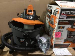 lot 17 image: 9 Gal. 18-Volt Cordless WetDry Shop Vacuum (Tool Only) with Filter, Hose and Accessories by RIDGID Open Box Customer Returns See pictures.