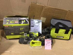 lot 75 image: 18-Volt ONE Lithium-Ion Cordless 14 in. Impact Driver Kit with (2) 1.5 Ah Batteries, Charger, and Bag by RYOBI Open Box Customer Returns See pictures.