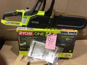 lot 94 image: ONE 10 in. 18-Volt Lithium-Ion Cordless Battery Chainsaw (Tool Only) by RYOBI Open Box Customer Returns See pictures.