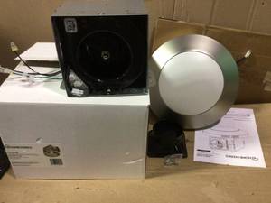 lot 98 image: Decorative Brushed Nickel 80 CFM Ceiling Mount Bathroom Exhaust Fan with LED Light Open Box Customer Returns See pictures.