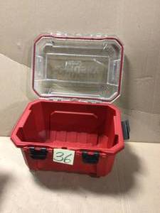 lot 36 image: 5-Gal. Professional Duty Waterproof Storage Container with Hinged Lid in Red by Husky in good condition