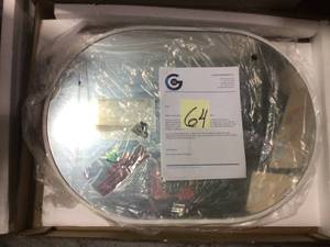 lot 64 image: 20 in. W x 28 in. H Stainless Steel Framed Pill Shape Bathroom Vanity Mirror in White by Glass Warehouse Customer returns see pictures