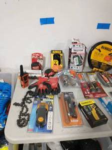 BOX OF ASSORTED TOOLS AND SOME HARDWARE
