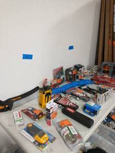 BOX OF ASSORTED TOOLS AND SOME HARDWARE