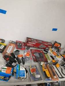 BOX OF ASSORTED TOOLS AND SOME HARDWARE