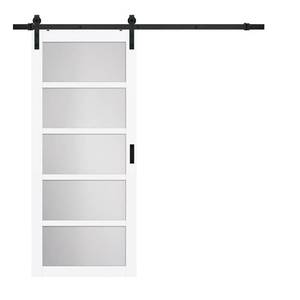 36 in. x 84 in. 5 Frosted Glass Solid Core White Finished Interior Barn Door Slab