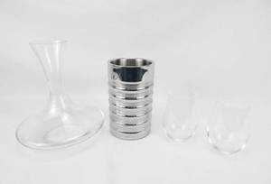 lot 25 image: Set of 2 Waterford Wine Tumblers also includes 1 Decanter and 1 Aluminum Wine Bottle Cooler