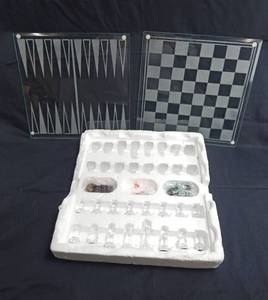lot 103 image: Set of 2 Glass Board Game Set includes Chess, Checkers and Backgammon