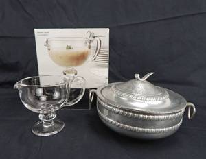 lot 105 image: Lot of Maison Glassworks and Co. 14 Ounce Glass Gravy Boat and Vintage Aluminum Serving Dish